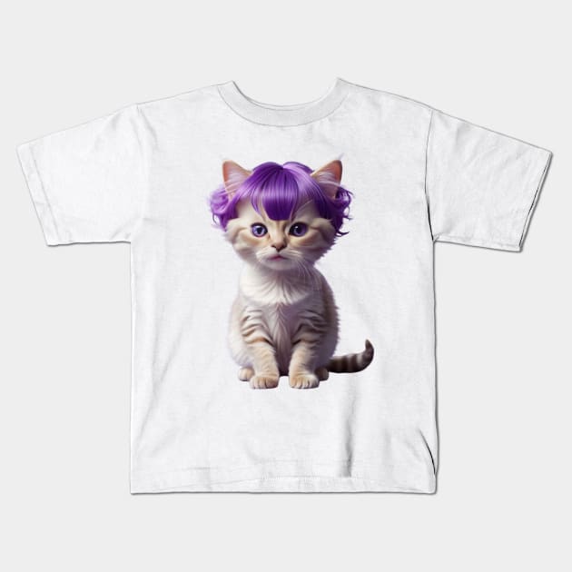 Funny purple wig cute kitty kitten fashion cat Kids T-Shirt by Tina